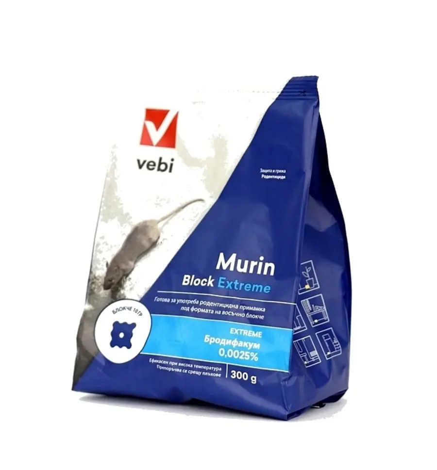 Murin Block Extreme – страничен изглед на опаковка 300 g, отрова за гризачи