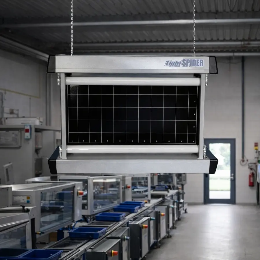 Инсектицидна лампа Light Spider HACCP монтирана в производствена сграда над поточна линия за контрол на летящи насекоми