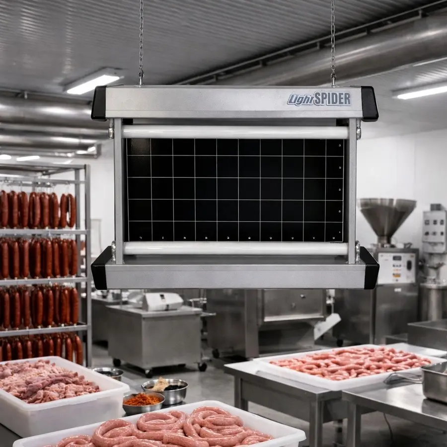 Професионална инсектицидна лампа Light Spider HACCP в колбасарски цех за безопасна защита от мухи в хранително производство