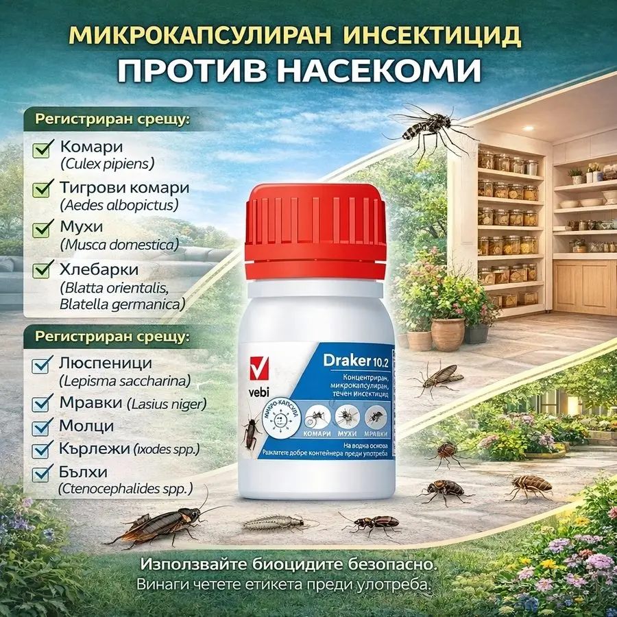 Микрокапсулиран инсектицид Draker 10.2 50 мл против комари, тигрови комари, мухи, хлебарки, люспеници, мравки, молци, паяци, кърлежи и бълхи