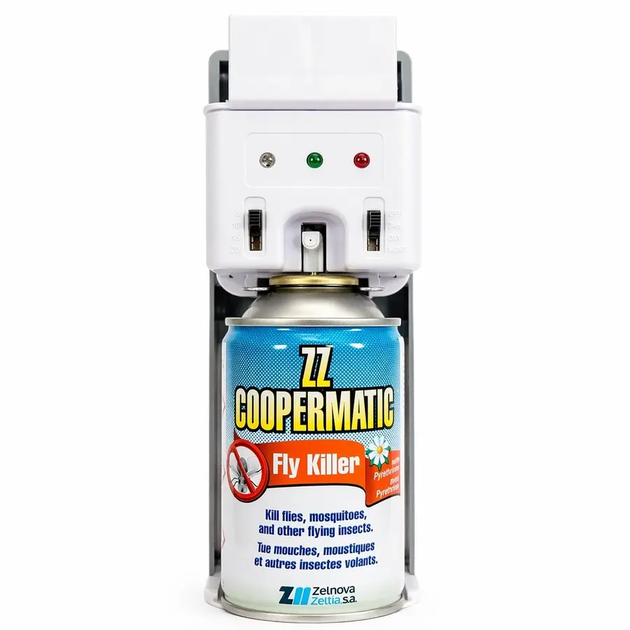 Спрей ZZ Coopermatic Fly Killer поставен в диспенсър за мухи и комари