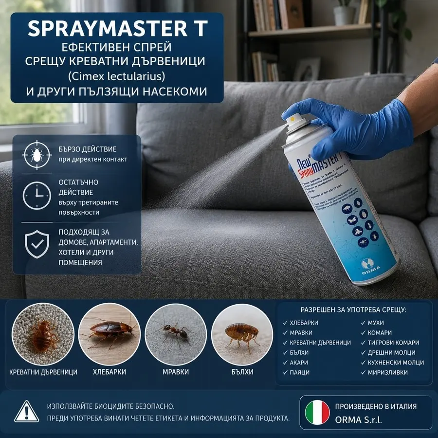 Третиране на диван срещу креватни дървеници със Spraymaster T 500 мл инсектициден аерозол