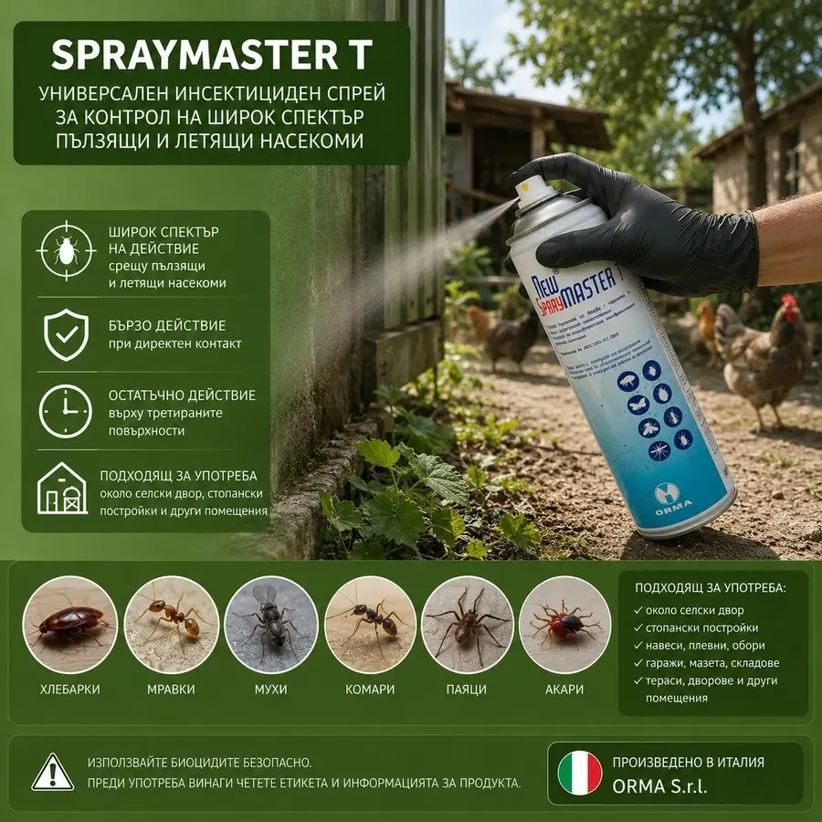 Spraymaster T универсален инсектициден спрей за контрол на пълзящи и летящи насекоми около селски двор