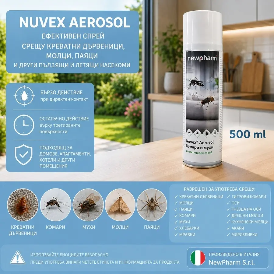 NUVEX Aerosol инсектициден спрей с Chrysanthemum cinerariaefolium срещу дървеници, молци, паяци и летящи насекоми