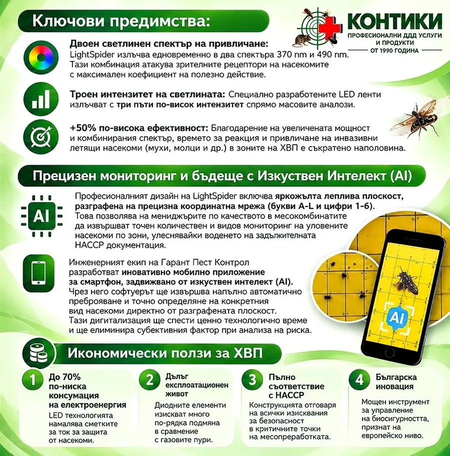 Light Spider LED HACCP инсектицидна лампа 370 и 490 nm – LED технология и мониторинг