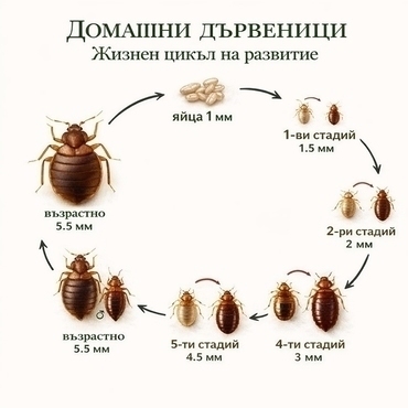 жизнен цикъл на домашни дървеници – яйца и 1-ви до 5-ти стадий, с размери в мм и възрастни екземпляри