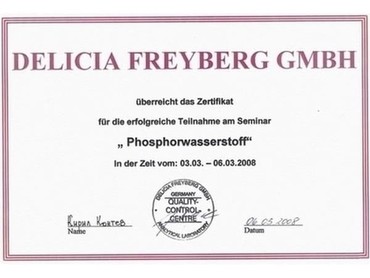 Сертификат за успешно участие в семинар по фосфороводород от Delicia Freyberg GmbH