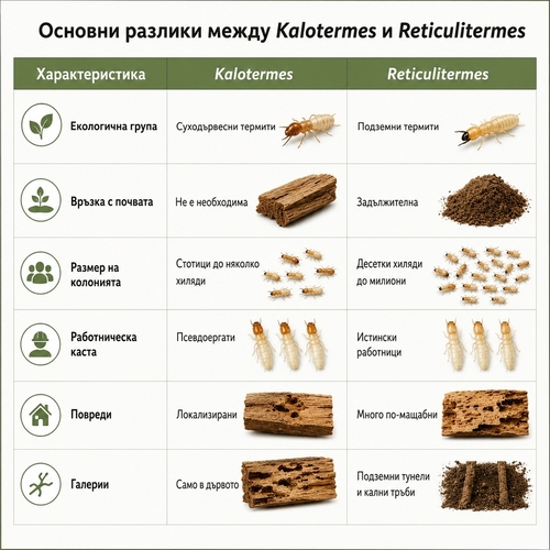 Kalotermes срещу Reticulitermes: научно сравнение на двата най-важни рода термити в Европа и България